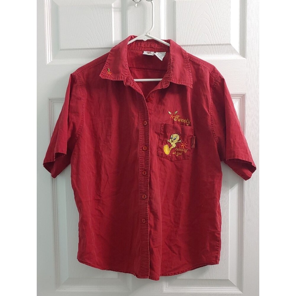 Vintage 2000s Tweety Bird Shirt Looney Tunes Red Button Down Pocket Tee Adult XL